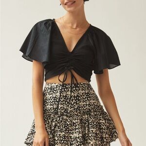 Anthropologie (Maeve) Black Crop Top with Flutter Sleeves and tie cinch